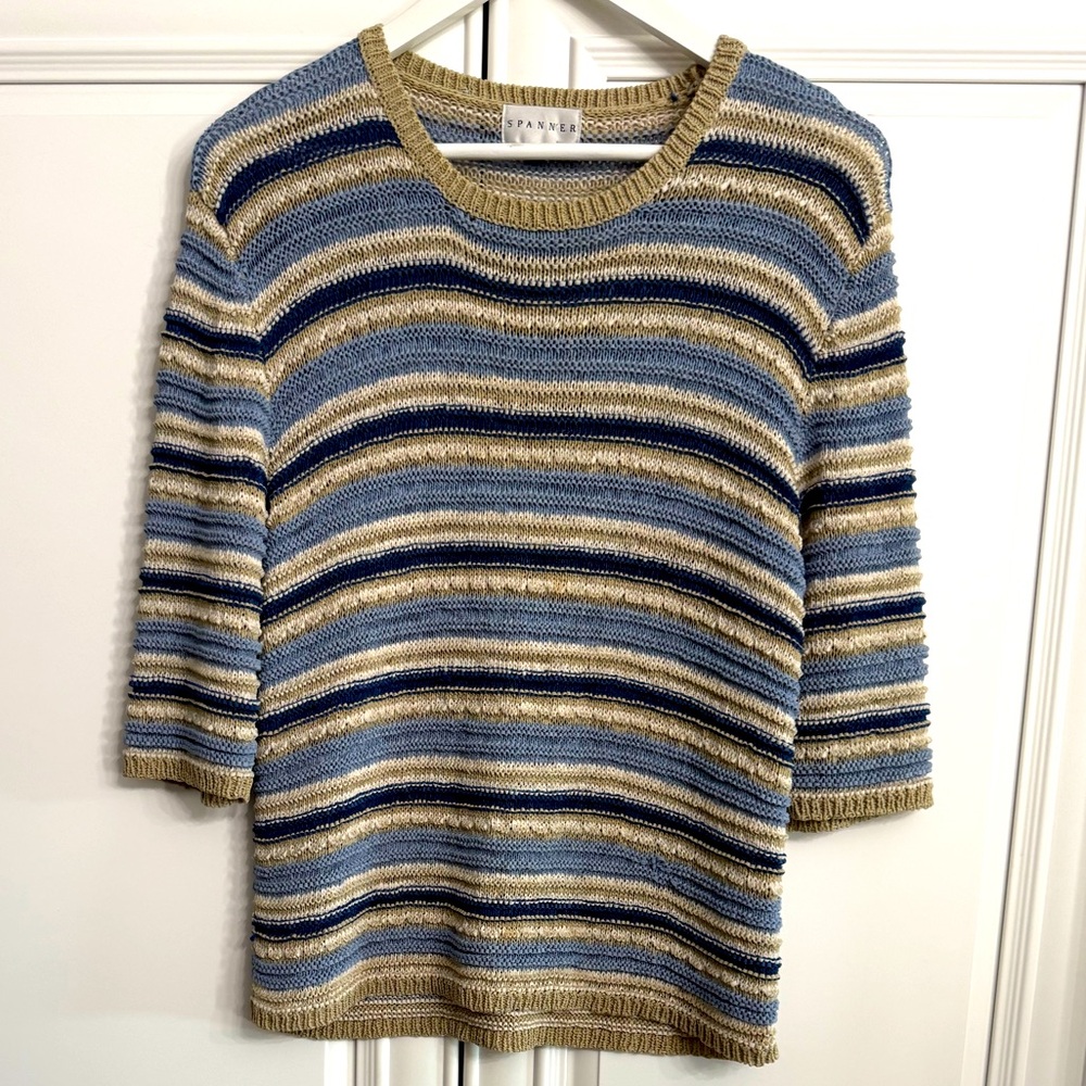 Spanner Sz Medium Crew Neck 3/4 Sleeve Blue Cream, Tan Stripe Loose Knit Sweater